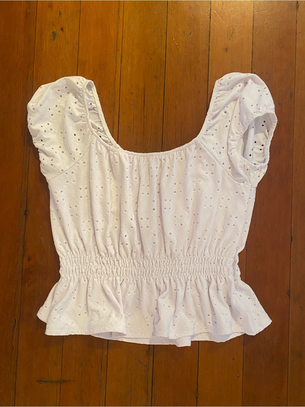 Women's White Eyelet Peplum Top - Short Sleeve